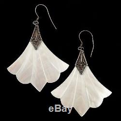 Antique Vintage Art Deco Sterling Silver Carved Mother of Pearl Fan Earrings
