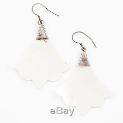 Antique Vintage Art Deco Sterling Silver Carved Mother of Pearl Fan Earrings