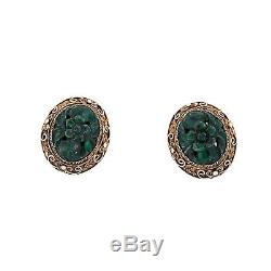 Antique Vintage Art Deco Sterling Silver Chinese Carved Nephrite Jade Earrings