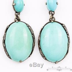 Antique Vintage Art Deco Sterling Silver Chinese Persian Turquoise Earrings