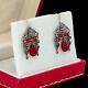 Antique Vintage Art Deco Sterling Silver Etruscan Ruby Red Coral Dangle Earrings