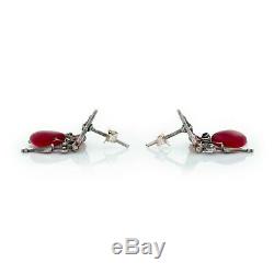Antique Vintage Art Deco Sterling Silver Etruscan Ruby Red Coral Dangle Earrings