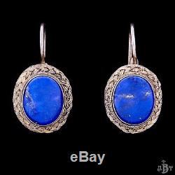 Antique Vintage Art Deco Sterling Silver Gold Lapis Lazuli Womens Drop Earrings