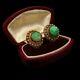 Antique Vintage Art Deco Sterling Silver Gold Wash Chinese Jade Rosette Earrings