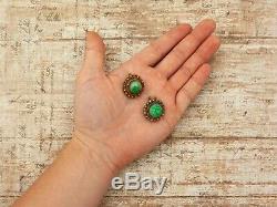 Antique Vintage Art Deco Sterling Silver Gold Wash Chinese Jade Rosette Earrings