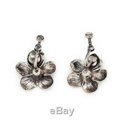 Antique Vintage Art Deco Sterling Silver Hibiscus Flower Floral Cluster Earrings