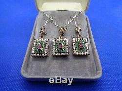 Antique Vintage Art Deco Sterling Silver Real Ruby Necklace Earring Set With Box