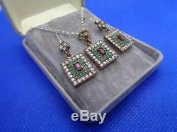 Antique Vintage Art Deco Sterling Silver Real Ruby Necklace Earring Set With Box