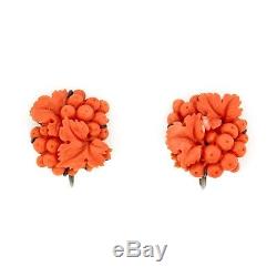 Antique Vintage Art Nouveau Sterling Silver Chinese Carved Salmon Coral Earrings