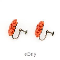 Antique Vintage Art Nouveau Sterling Silver Chinese Carved Salmon Coral Earrings