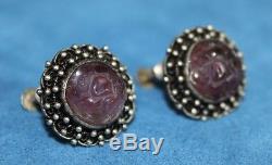 Antique Vintage Chinese Export Sterling Silver Carved LOTUS Amethyst Earrings