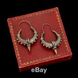 Antique Vintage Deco 925 Sterling Silver Byzantine Bali Repousse Hoop Earrings