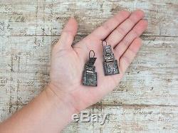 Antique Vintage Deco 925 Sterling Silver Mexican Pre Colombian Dangle Earrings
