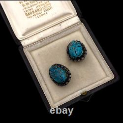 Antique Vintage Deco 925 Sterling Silver Turquoise Egyptian Scarab Earrings 8.4g