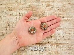 Antique Vintage Deco Gold Sterling 800 Silver Coral Domed Flower Stud Earrings