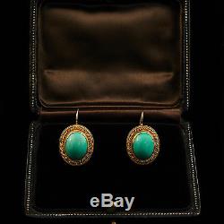 Antique Vintage Deco Gold Sterling Silver Chinese Turquoise Domed Drop Earrings