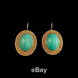 Antique Vintage Deco Gold Sterling Silver Chinese Turquoise Domed Drop Earrings