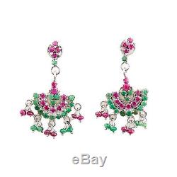 Antique Vintage Deco Retro Sterling Silver Indian Mughal Ruby Emerald Earrings