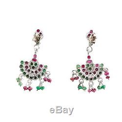 Antique Vintage Deco Retro Sterling Silver Indian Mughal Ruby Emerald Earrings