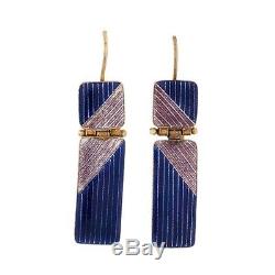 Antique Vintage Deco Sterling Silver Chinese Guilloche Enamel Geometric Earrings