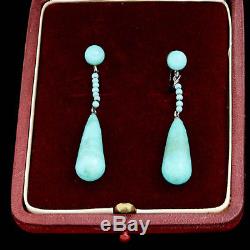 Antique Vintage Deco Sterling Silver Chinese Persian Turquoise Glass Earrings