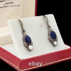 Antique Vintage Deco Sterling Silver Etruscan Lapis Lazuli Akoya Pearl Earrings