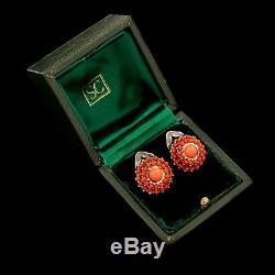 Antique Vintage Deco Sterling Silver Etruscan Style Domed Coral Glass Earrings