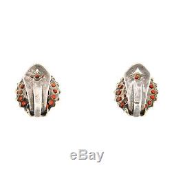 Antique Vintage Deco Sterling Silver Etruscan Style Domed Coral Glass Earrings