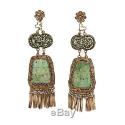 Antique Vintage Deco Sterling Silver Gold Chinese Carved Jadeite Jade Earrings
