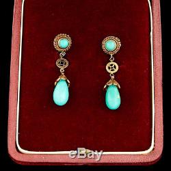 Antique Vintage Deco Sterling Silver Gold Chinese Turquoise Filigree Earrings
