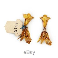 Antique Vintage Deco Sterling Silver Gold Portuguese Filigree Floral Earrings