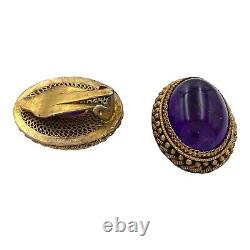 Antique Vintage Deco Sterling Silver Gold Wash 17.8 Cts Amethyst Earrings 9.7g