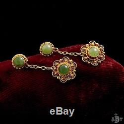 Antique Vintage Deco Sterling Silver Gold Wash Chinese Aventurine Drop Earrings