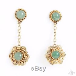 Antique Vintage Deco Sterling Silver Gold Wash Chinese Aventurine Drop Earrings