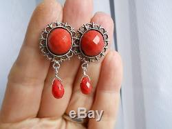 Antique/Vintage Genuine Faceted Coral Large Earrings- Sterling- Exceptional