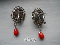 Antique/Vintage Genuine Faceted Coral Large Earrings- Sterling- Exceptional