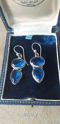 Antique Vintage Heavy Large Edwardian Blue Topaz Sterling Silver Earrings