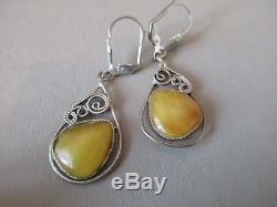 Antique Vintage Large 925 Sterling Silver Butterscotch Amber Art Deco Earrings