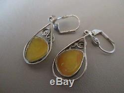 Antique Vintage Large 925 Sterling Silver Butterscotch Amber Art Deco Earrings