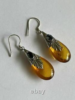 Antique Vintage Late Edwardian Sterling Silver Blue Topaz and Amber Earrings