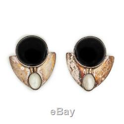 Antique Vintage Mid Century Modern Sterling Silver Mother of Pearl Onyx Earrings