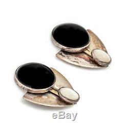 Antique Vintage Mid Century Modern Sterling Silver Mother of Pearl Onyx Earrings