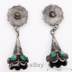 Antique Vintage Native Zuni Pawn Sterling Silver Petit Point Turquoise Earrings