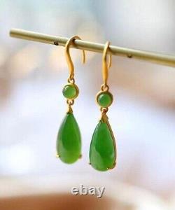 Antique Vintage Natural Green Jade Drop Earring 14k Yellow Gold Fn Jade Earring