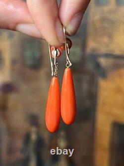 Antique Vintage Orange Coral Dangle Earring 14k White Gold Over Coral Earring