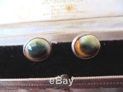 Antique Vintage Sterling Silver Earrings Cat's Eye Operculum Shell Ear Rings