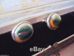 Antique Vintage Sterling Silver Earrings Cat's Eye Operculum Shell Ear Rings