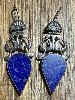 Antique Vintage Sterling Silver Lapis Lazuli Drop Dangle Earrings