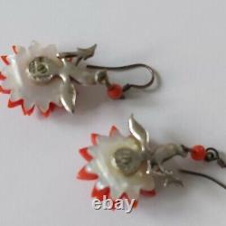Antique Vintage Sterling Silver Natural Carved Red Coral Earrings Germany