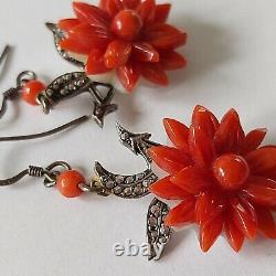 Antique Vintage Sterling Silver Natural Carved Red Coral Earrings Germany
